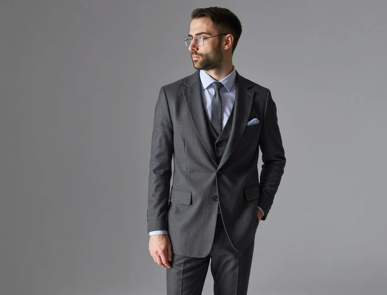 Classic Gray Striped Suit Triple